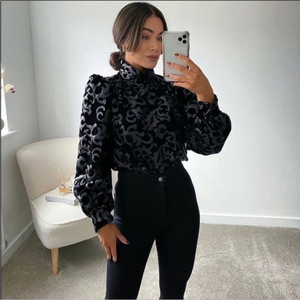 Zara Black Velvet and Faux Leather Combination Mock Neck Baroque Top, size: M
